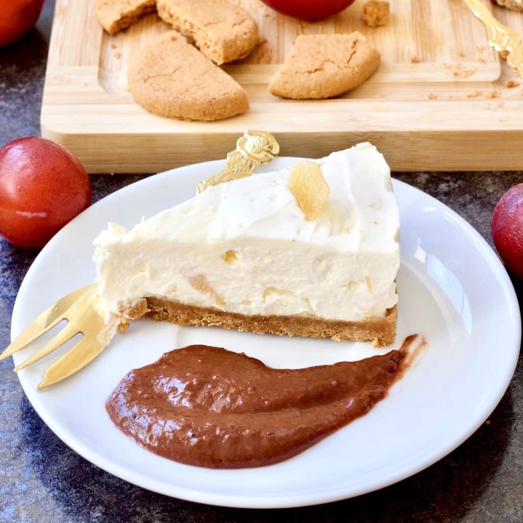 Slice of stem ginger cheesecake with chocolate spread.