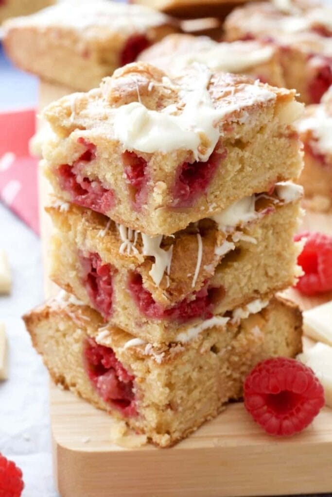 Tall stack of three blondie squares.