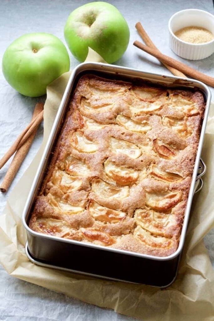 Dorset apple cake in a cake tin.