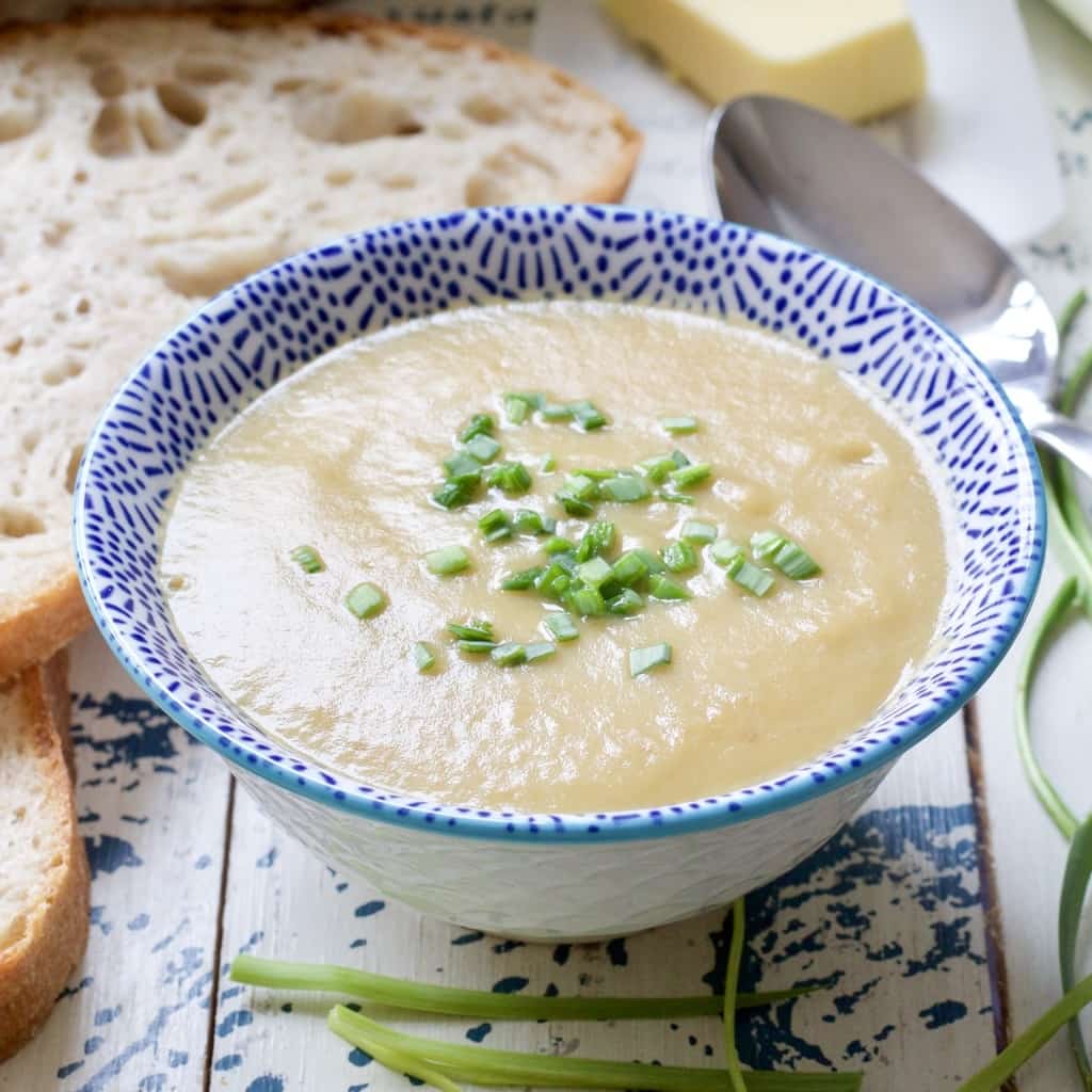 Close up of bowl of soup.