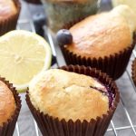 Close up of blueberry muffin on a cooling rack.