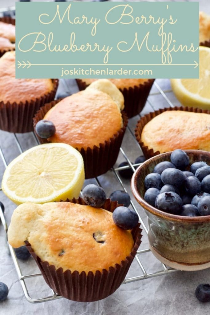 Blueberry muffins on a cooling rack (pin).