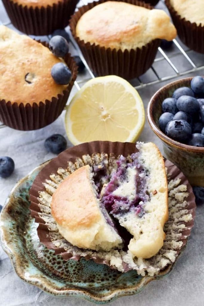 Blueberry muffin cut in half.