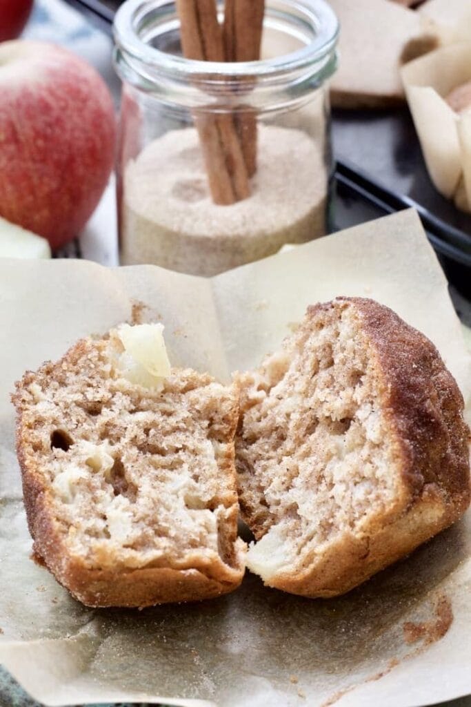 Cinnamon & apple muffin cut into half.