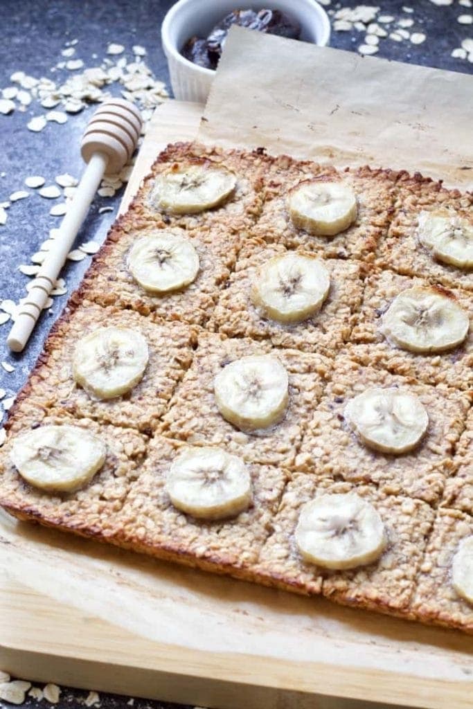 Banana flapjacks decorated with banana slices.