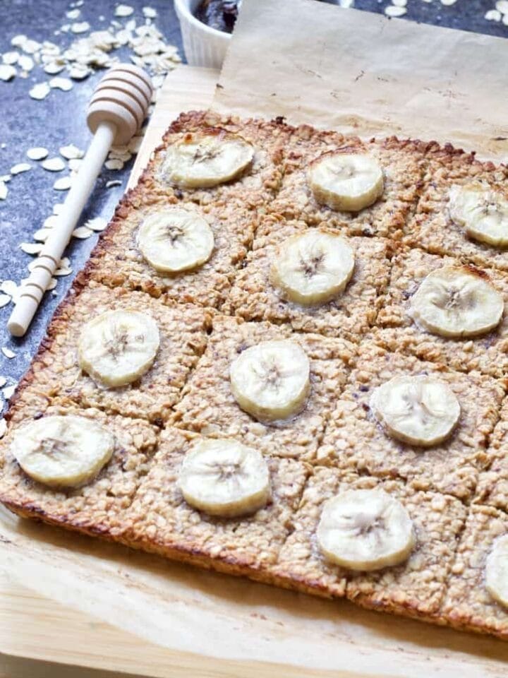 Banana flapjacks decorated with banana slices.