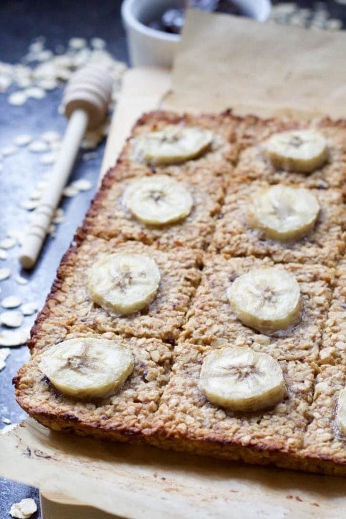 Close up of banana flapjacks.