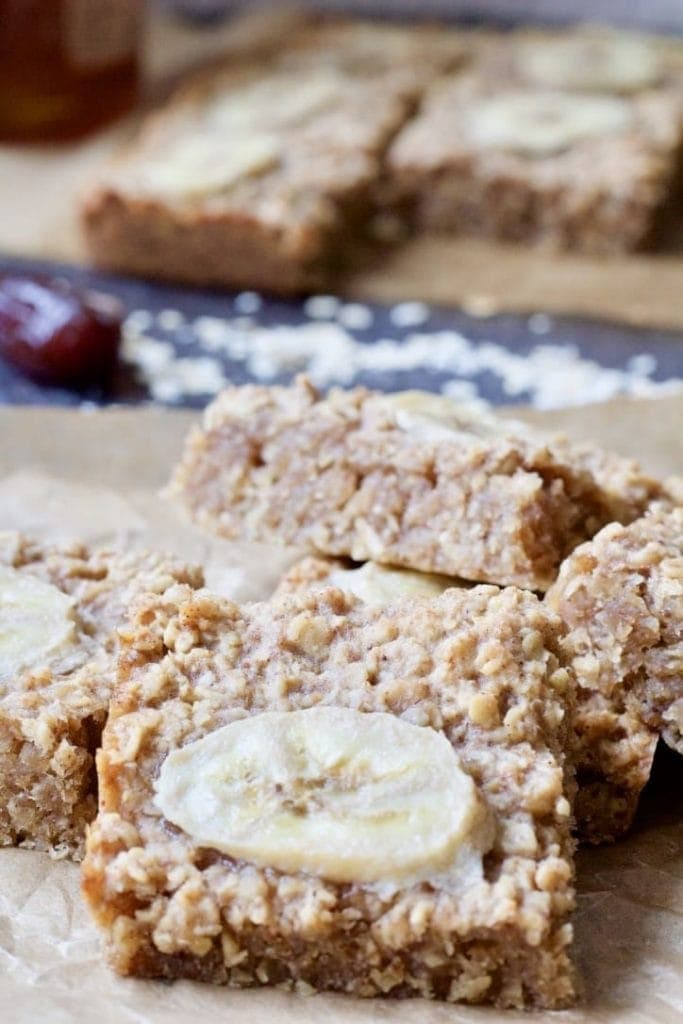 Close up of banana flapjack slice.