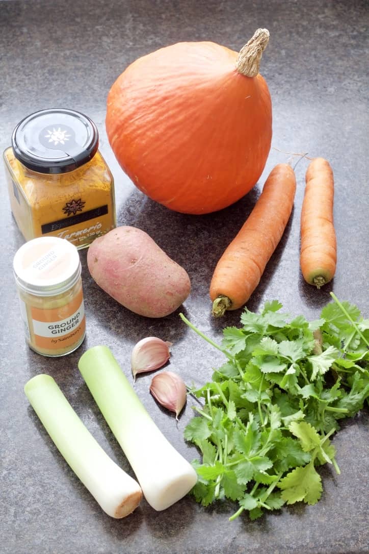 Ingredients needed to make pumpkin soup.