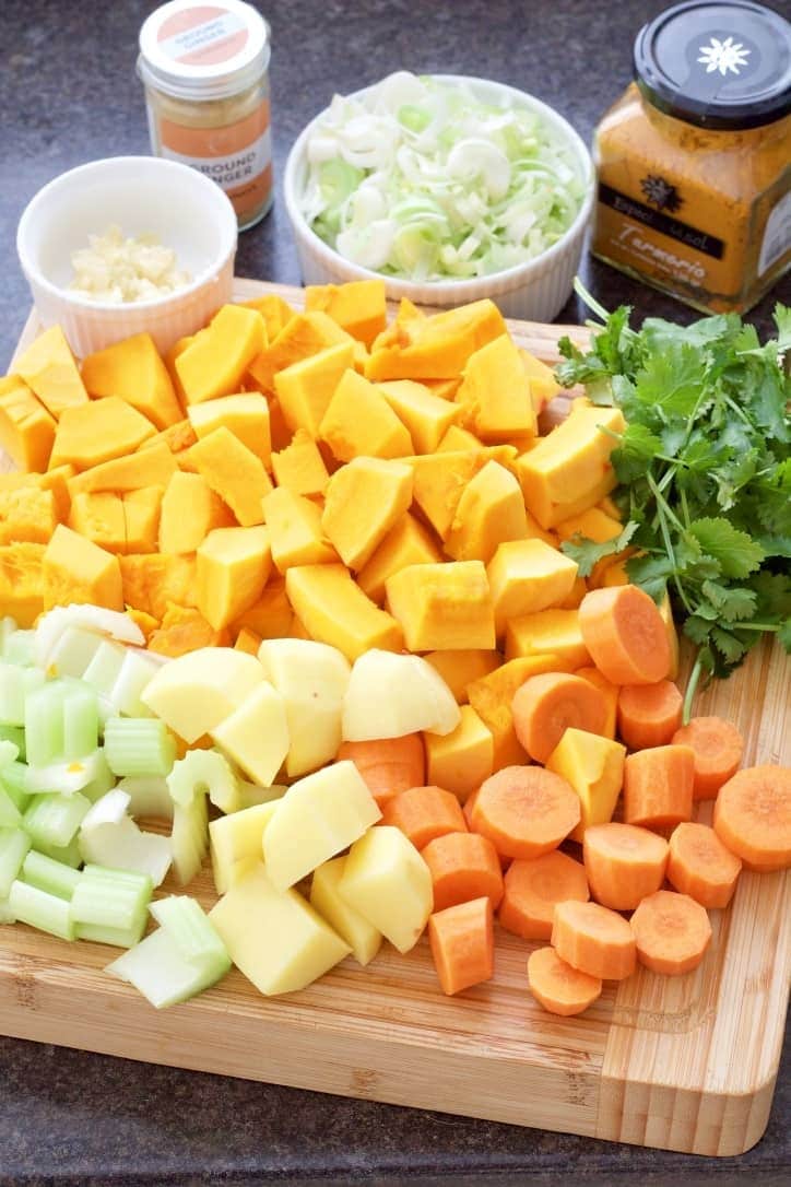 Chopped ingredients to make pumpkin soup.