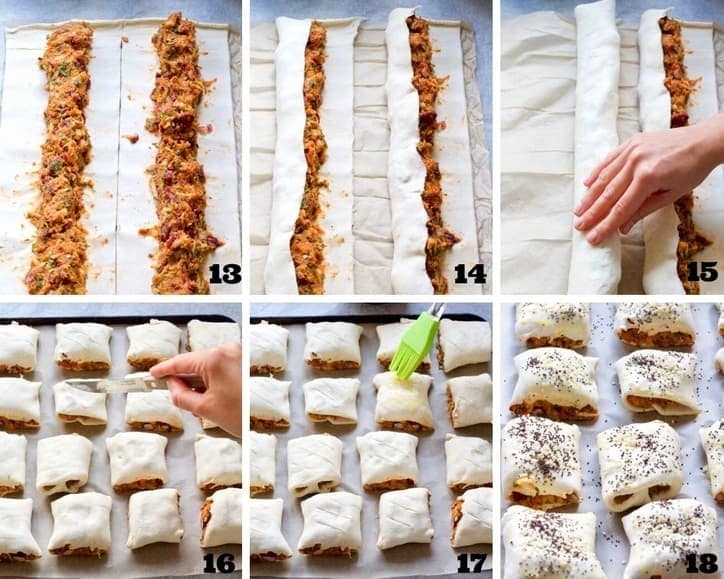 Sausage rolls assembly process collage.