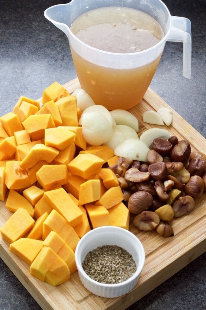 Ingredients for making butternut squash and chestnut soup.