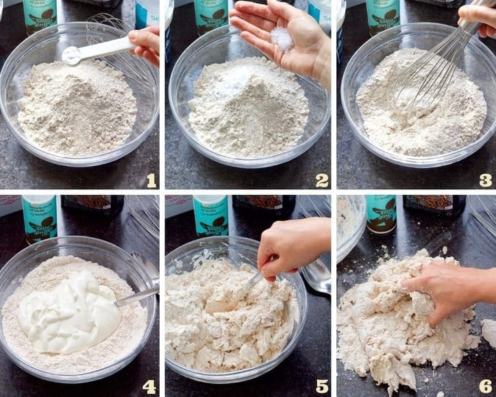 Soda bread dough preparation photo collage.