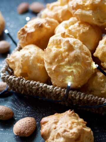 Gougeres in a basket - close up.