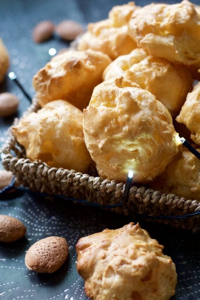 Gougeres in a basket - close up.