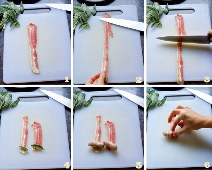 Wrapping cocktail sausages in bacon (collage).