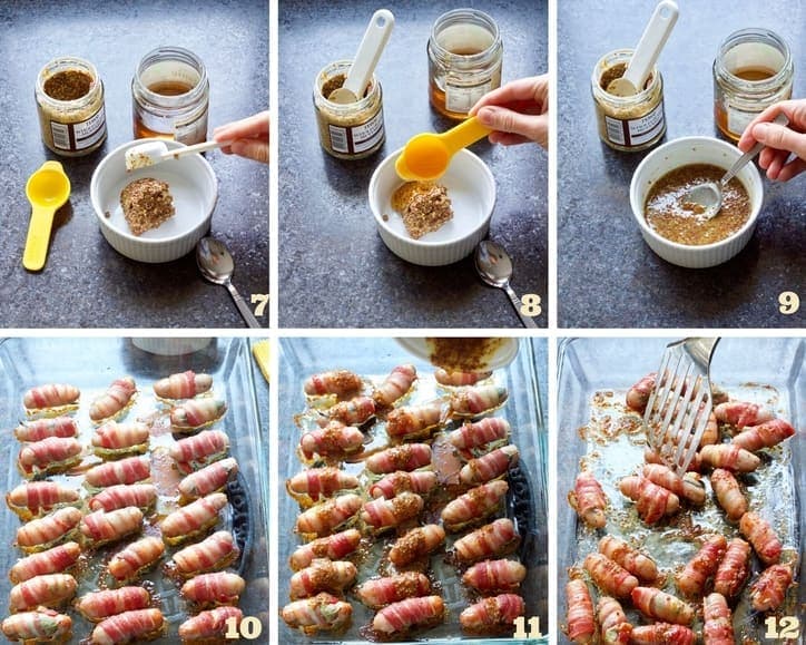 Process of glazing party sausages (collage).