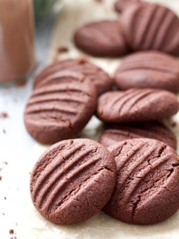 Close up of chocolate fork biscuits.
