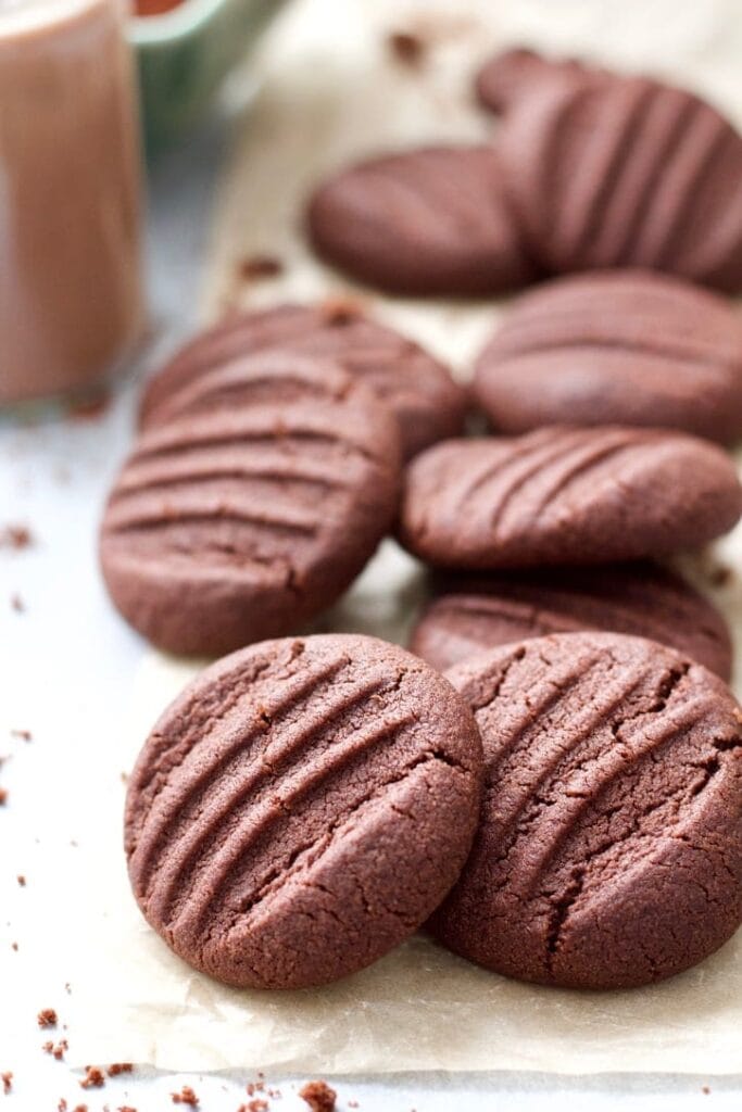 Close up of chocolate fork biscuits.