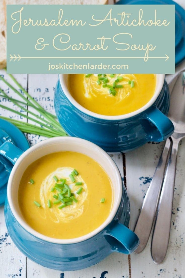 Jerusalem Artichoke & Carrot Soup is comforting, vibrant & delicious. Nutty jerusalem artichokes & humble carrots make for the most wonderful flavour combination. #jerusalemartichokes #jerusalemartichokesoup #souprecipe #carrotsoup #seasonalrecipe