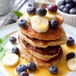 Close up of stack of vegan buckwheat pancakes.
