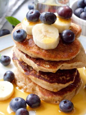 Close up of stack of vegan buckwheat pancakes.