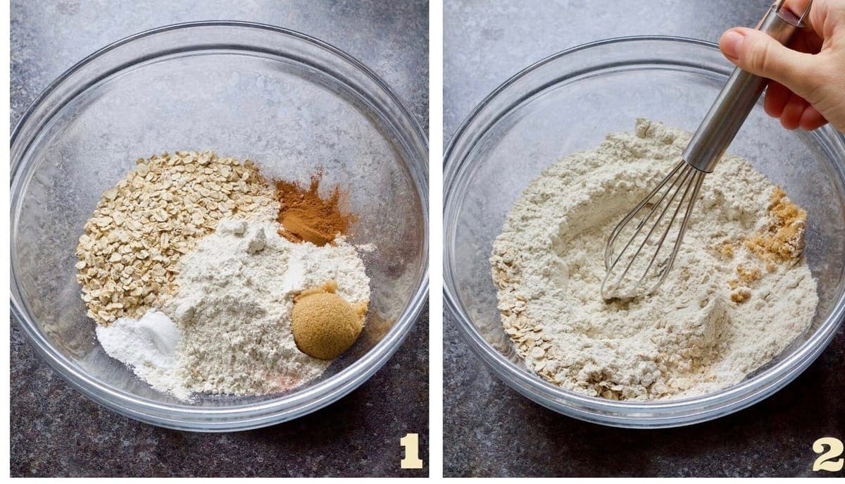 Oats, flour, cinnamon, sugar, baking powder & salt mixed in a bowl.