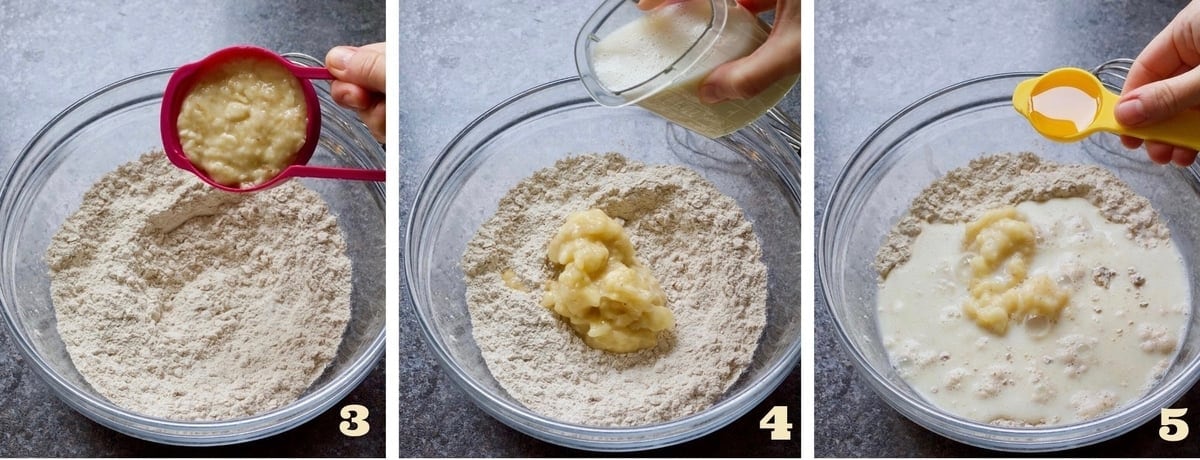 Banana, oat milk & oil added to dry ingredients in a bowl.