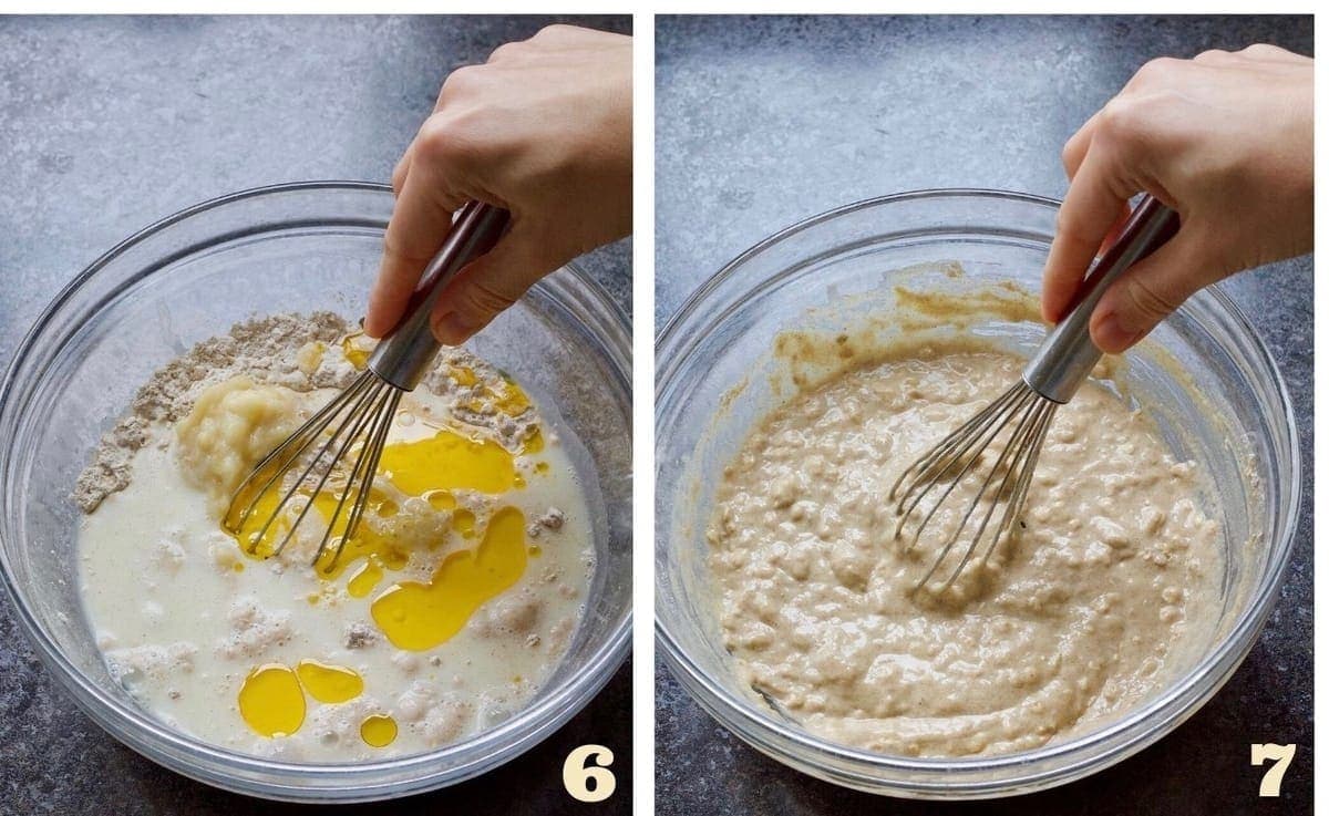 Whisk mixing batter in a bowl.