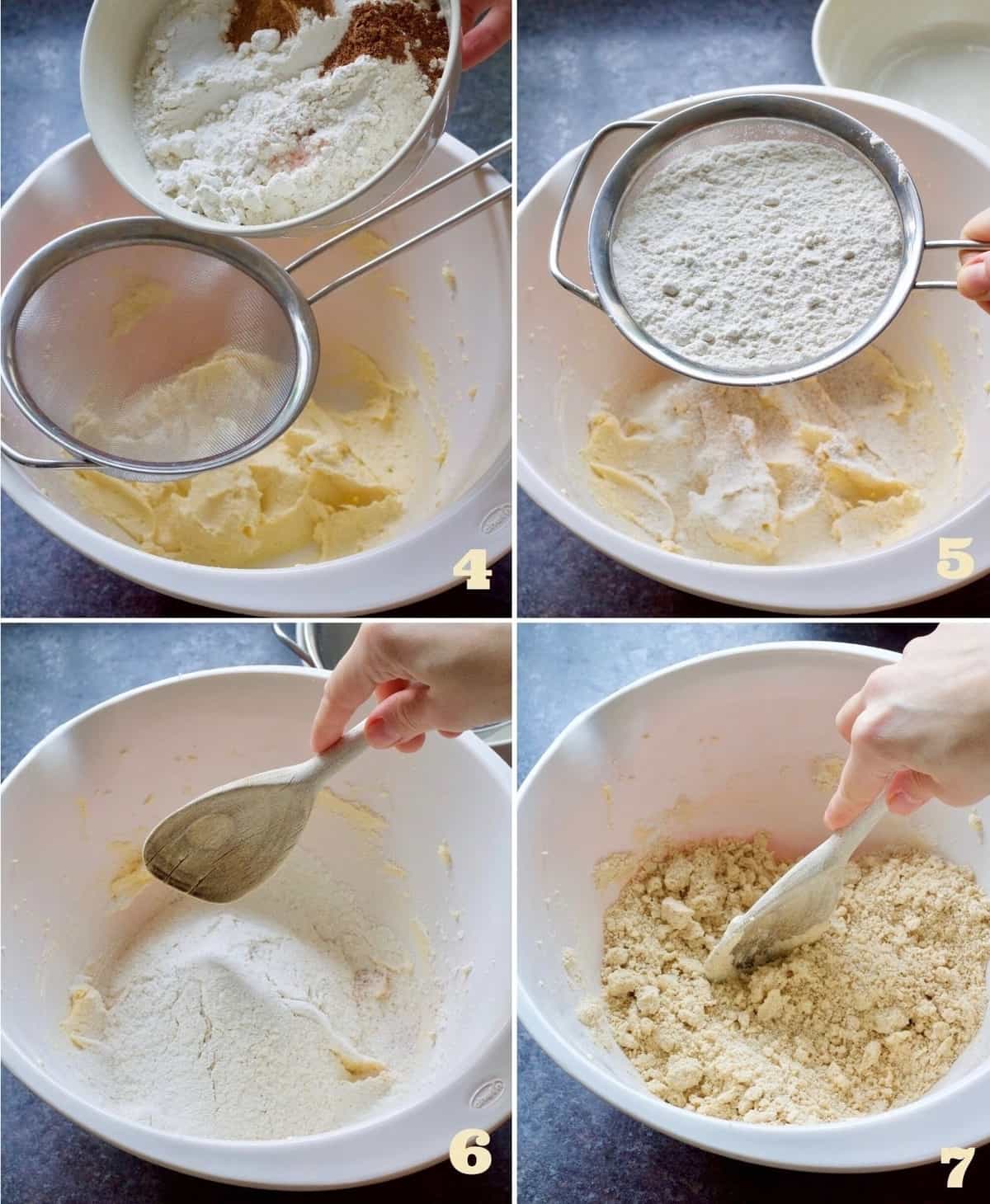 Sifting in dry ingredients and mixing with a spoon.