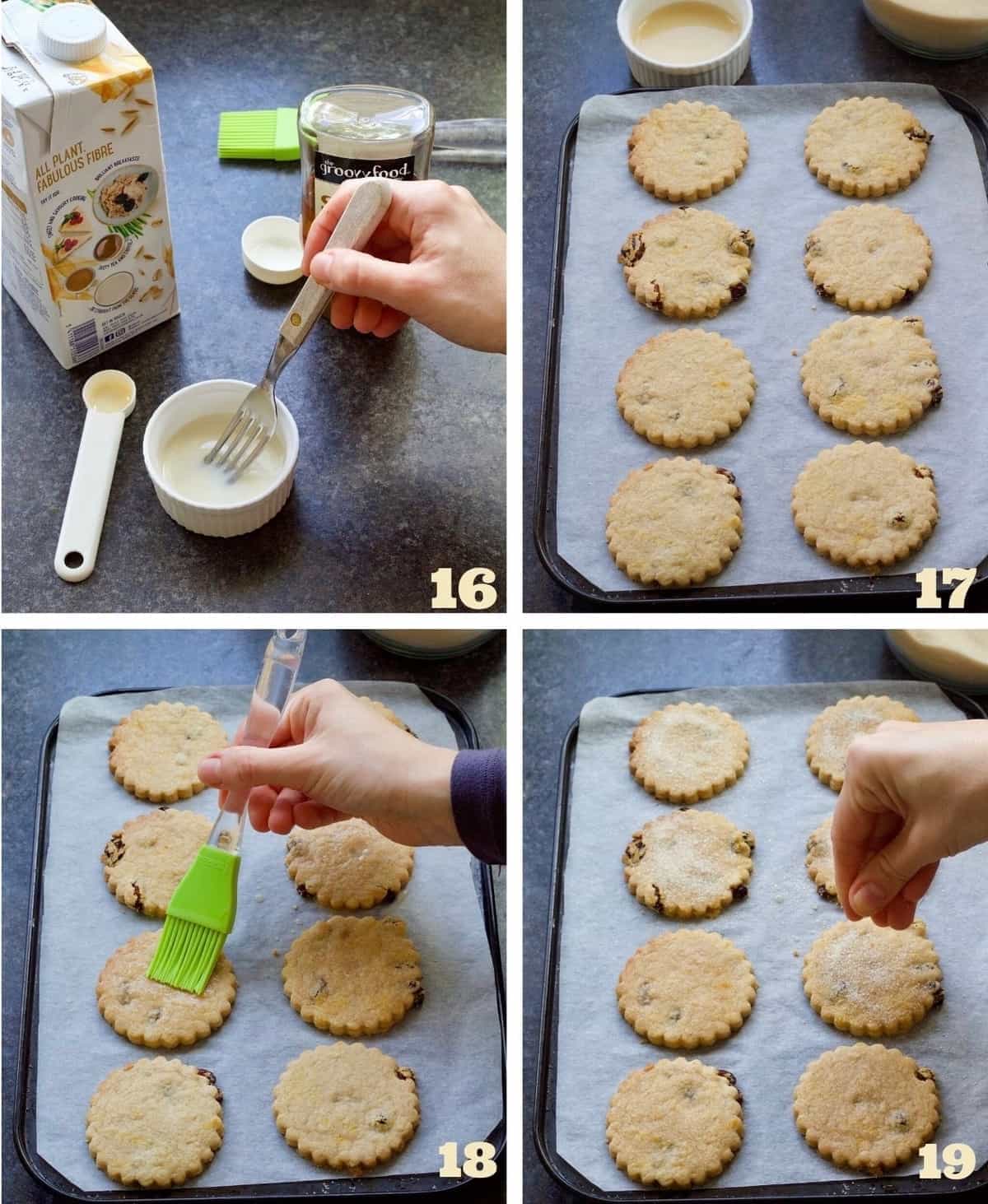 Finishing off biscuits with glaze and sugar.