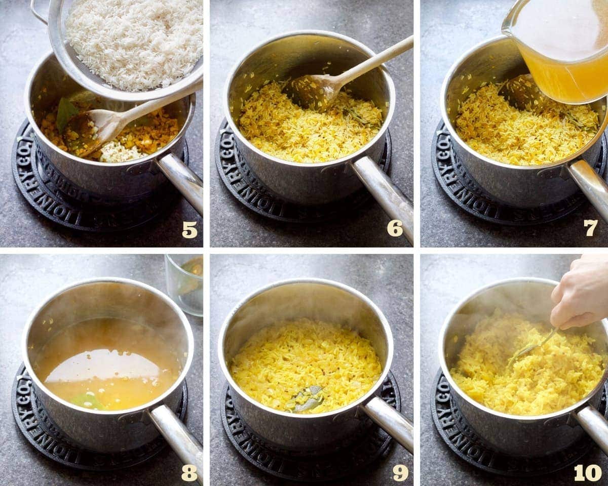 Process of cooking turmeric rice.