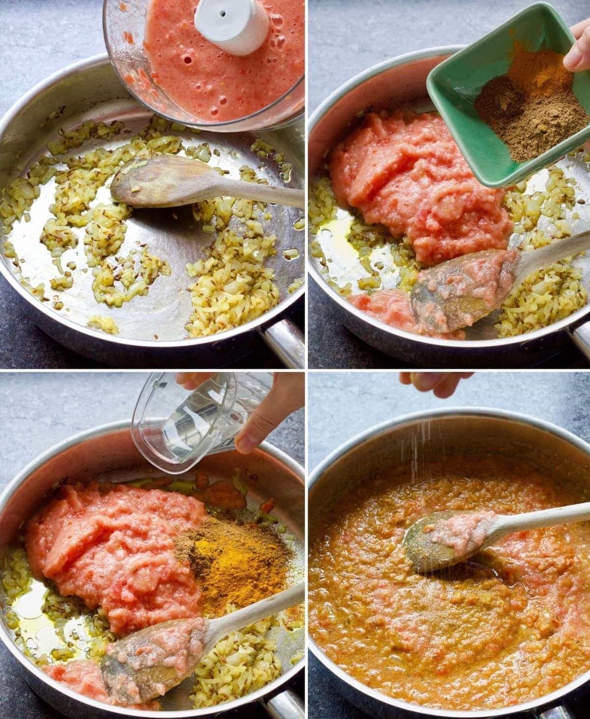 Process of adding pureed tomatoes, spices, water & salt.