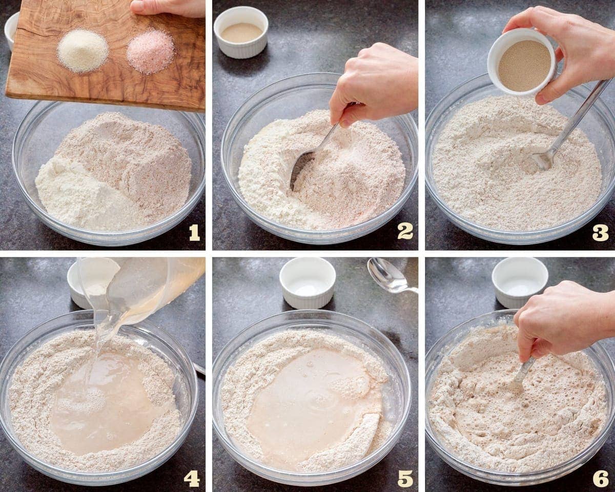 Collage showing the process of making bread dough.