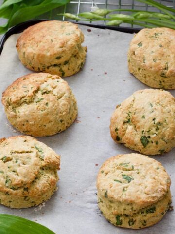 6 baked vegan cheese scones on baking tray.