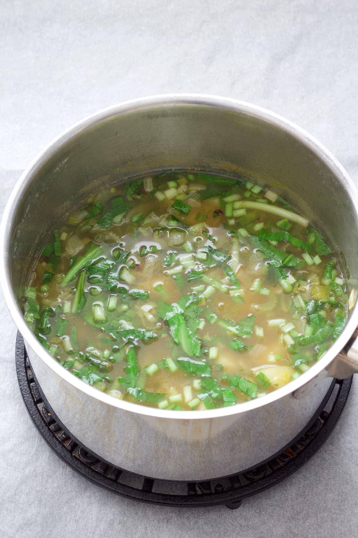 Soup in a pot before blending.