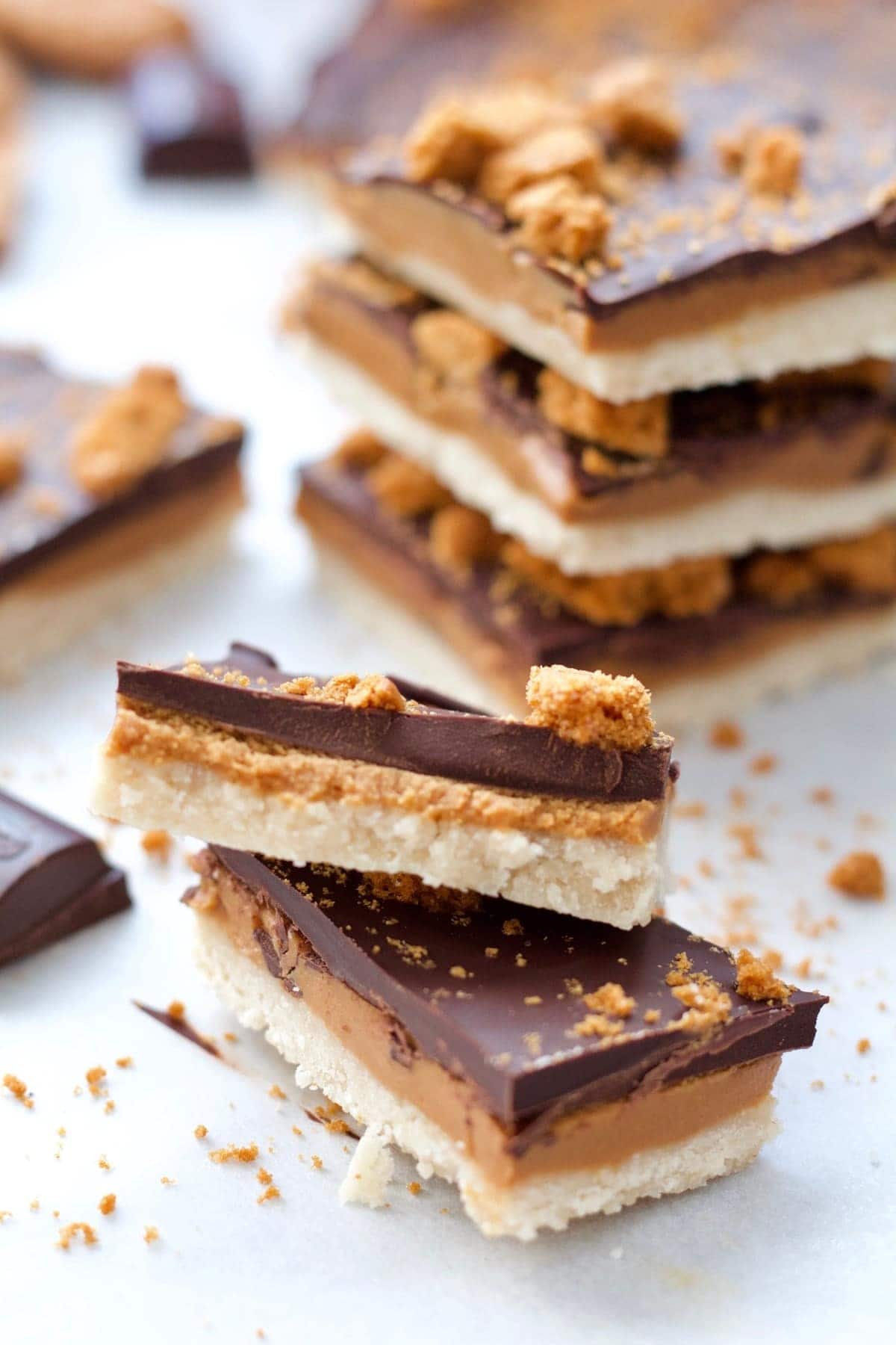 Close up of two Biscoff slices at an angle.