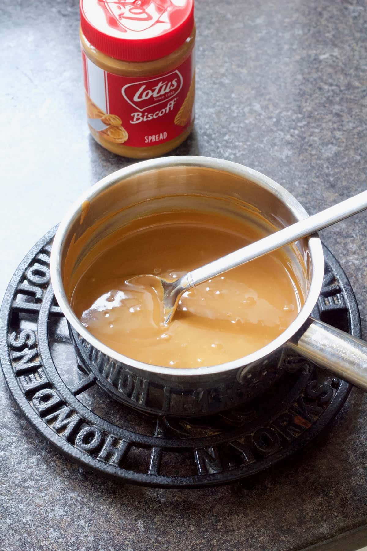 Saucepan with melted biscuit spread.