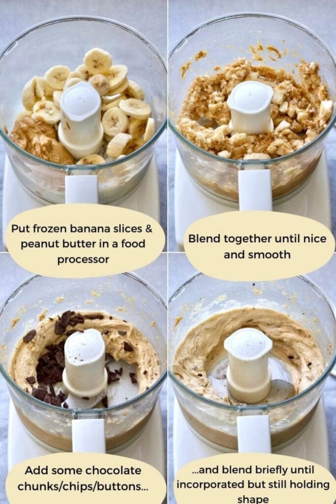 Banana ice cream making process collage.