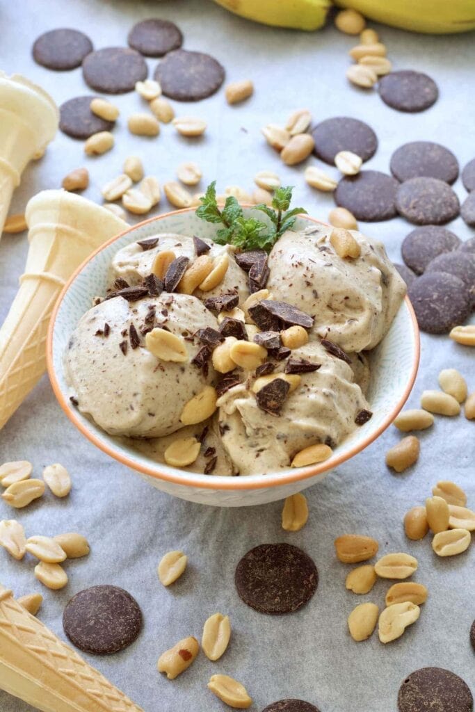 Ice cream in a bowl with peanuts, chocolate & mint garnish.