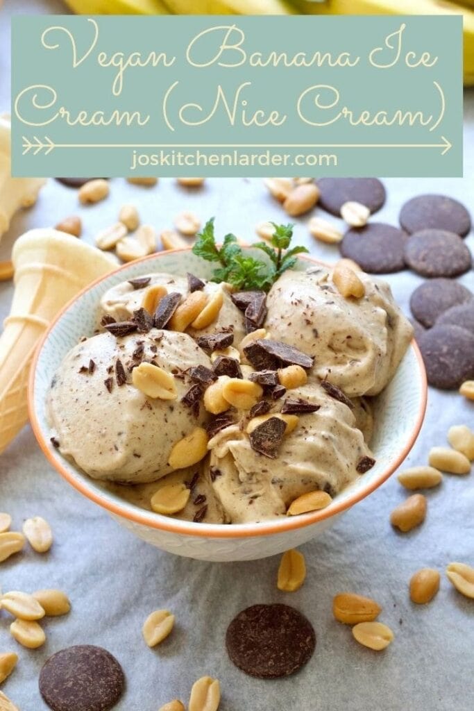 Ice cream in a bowl with peanuts & chocolate chunks (pin).