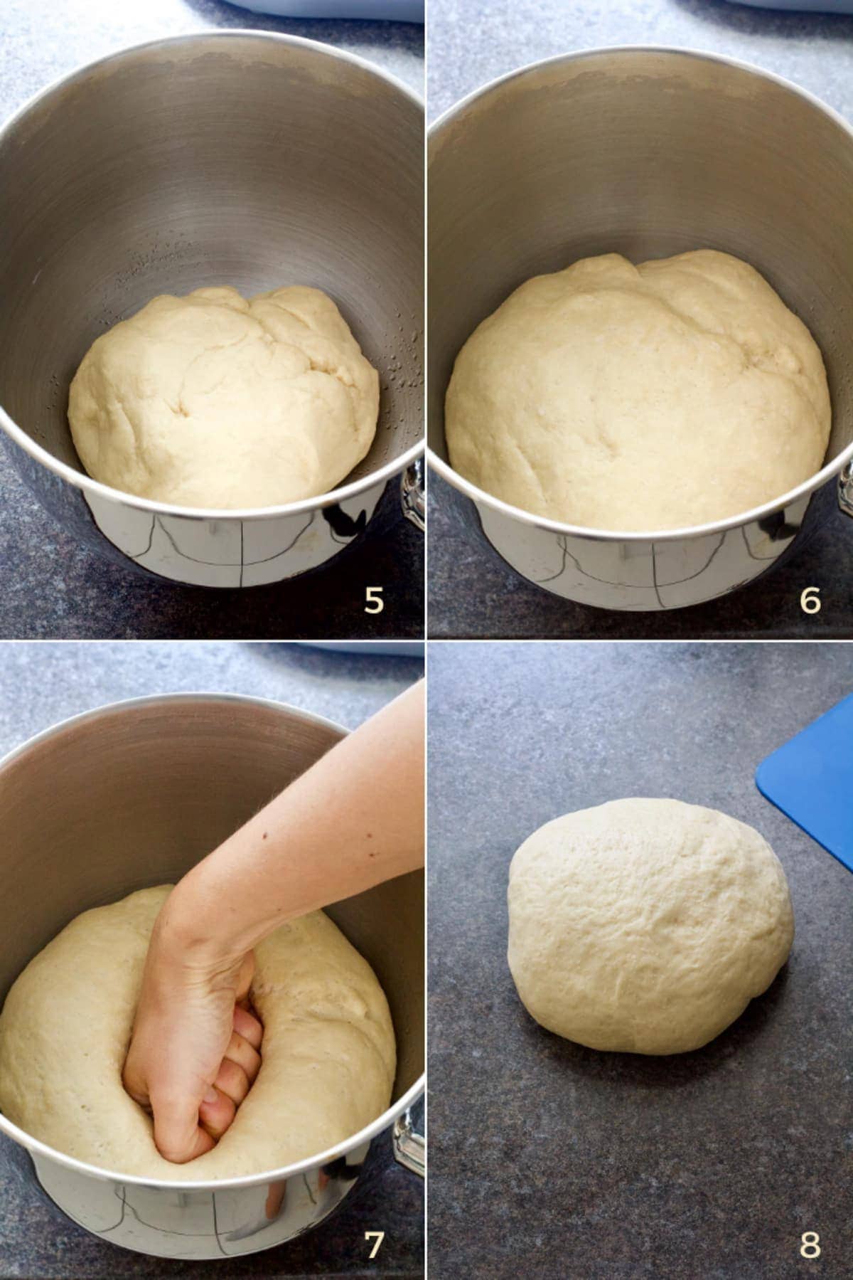 Dough rising in a bowl and hand deflating it.
