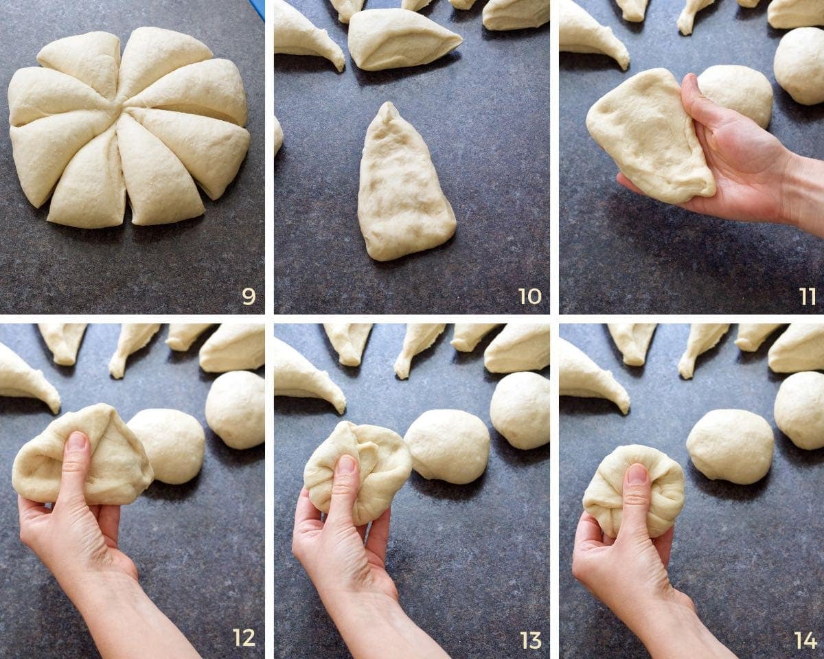 Dividing dough and shaping it into rolls.