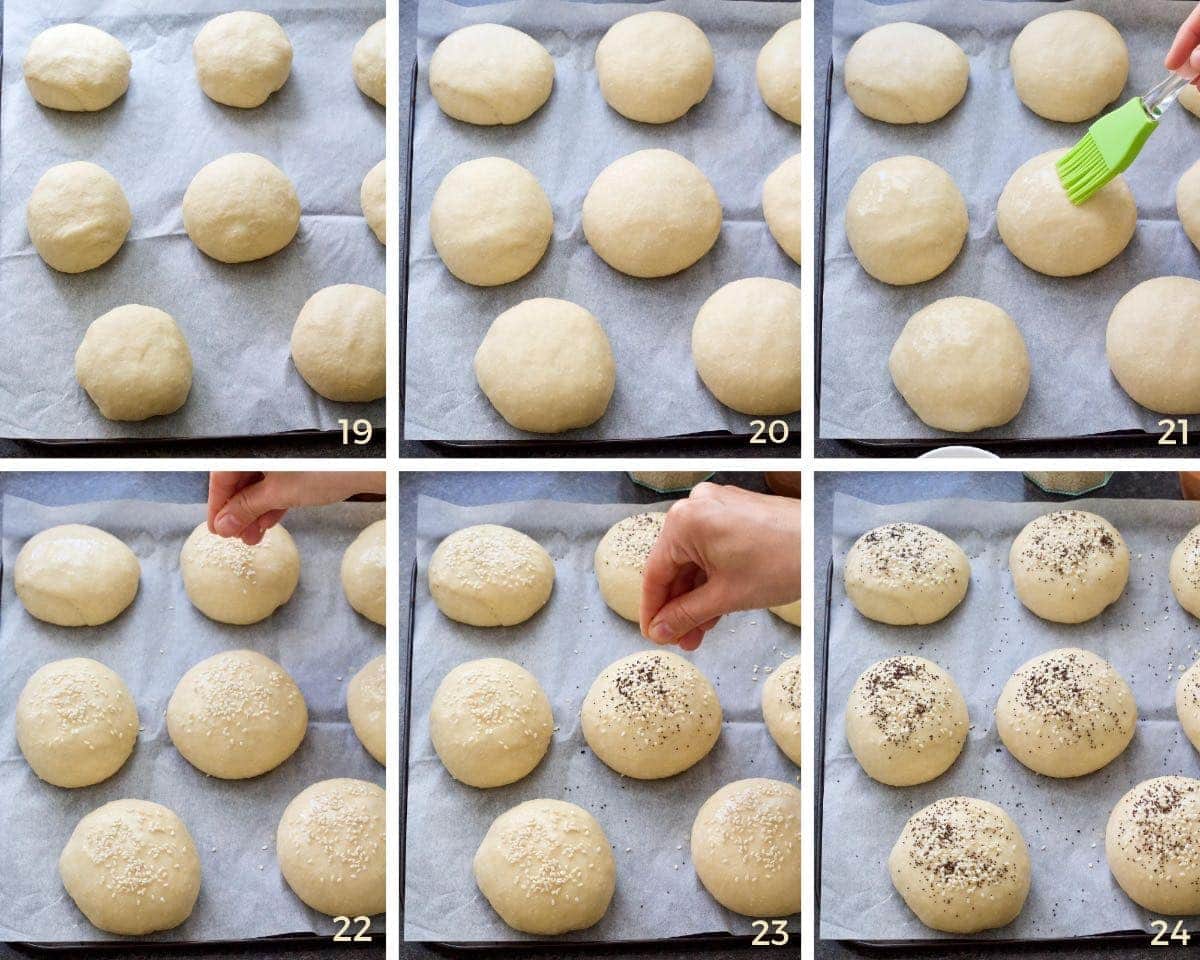 Preparing bread rolls for baking.