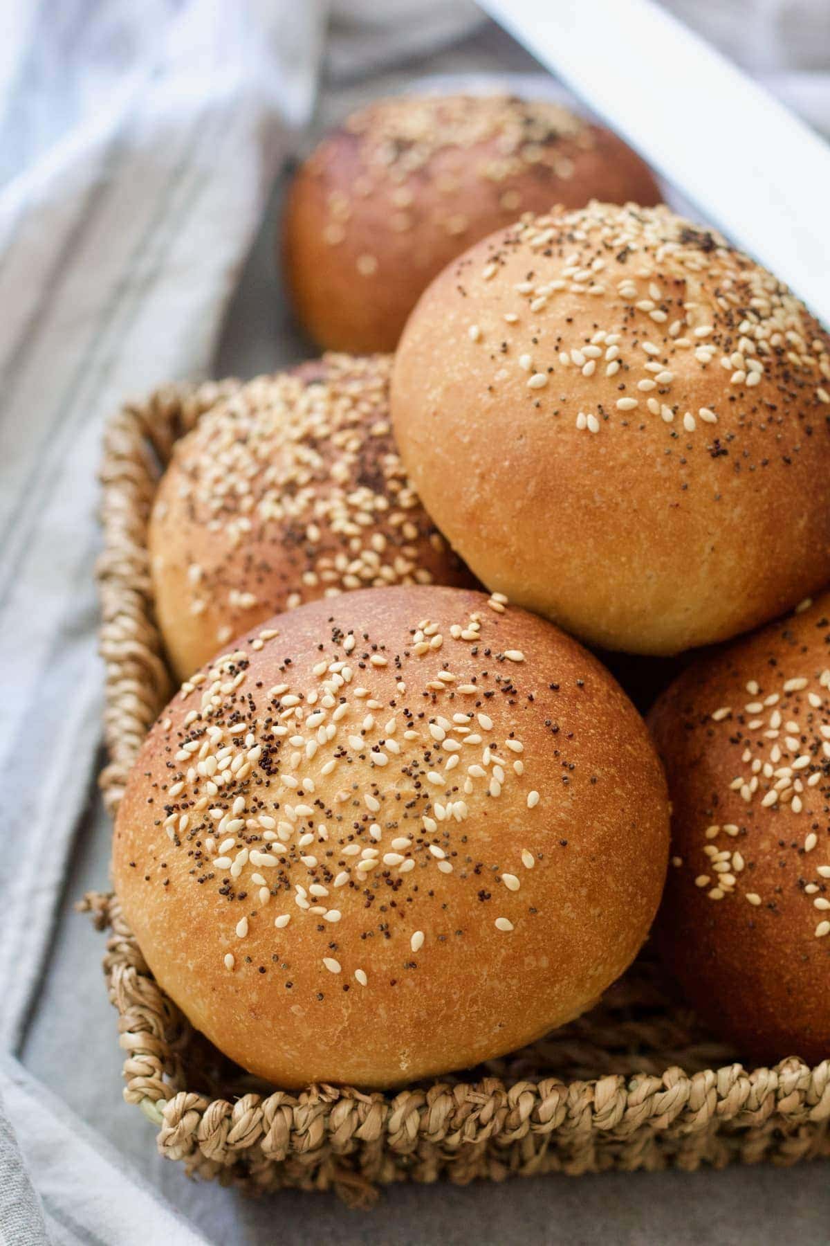 Close up of bread rolls in the basket.