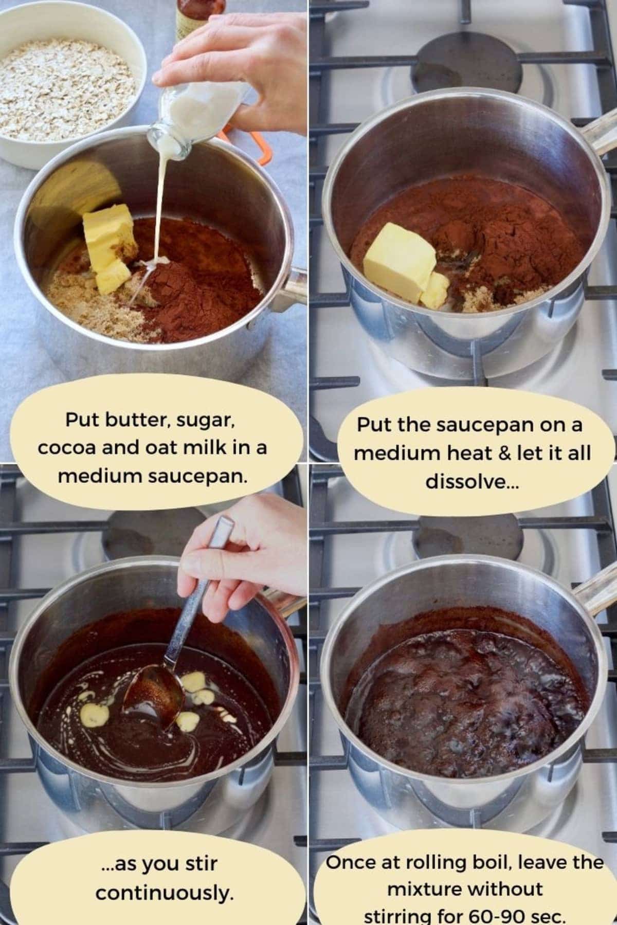 Preparing chocolate mix on the hob collage. 