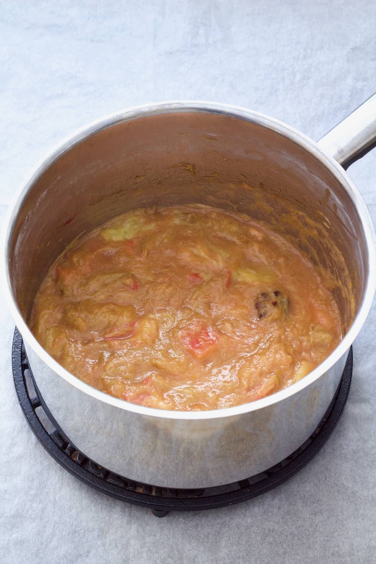 Stewed rhubarb in a pan.