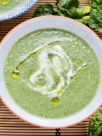 Close up of bowlful of Spinach and Mushroom Soup.