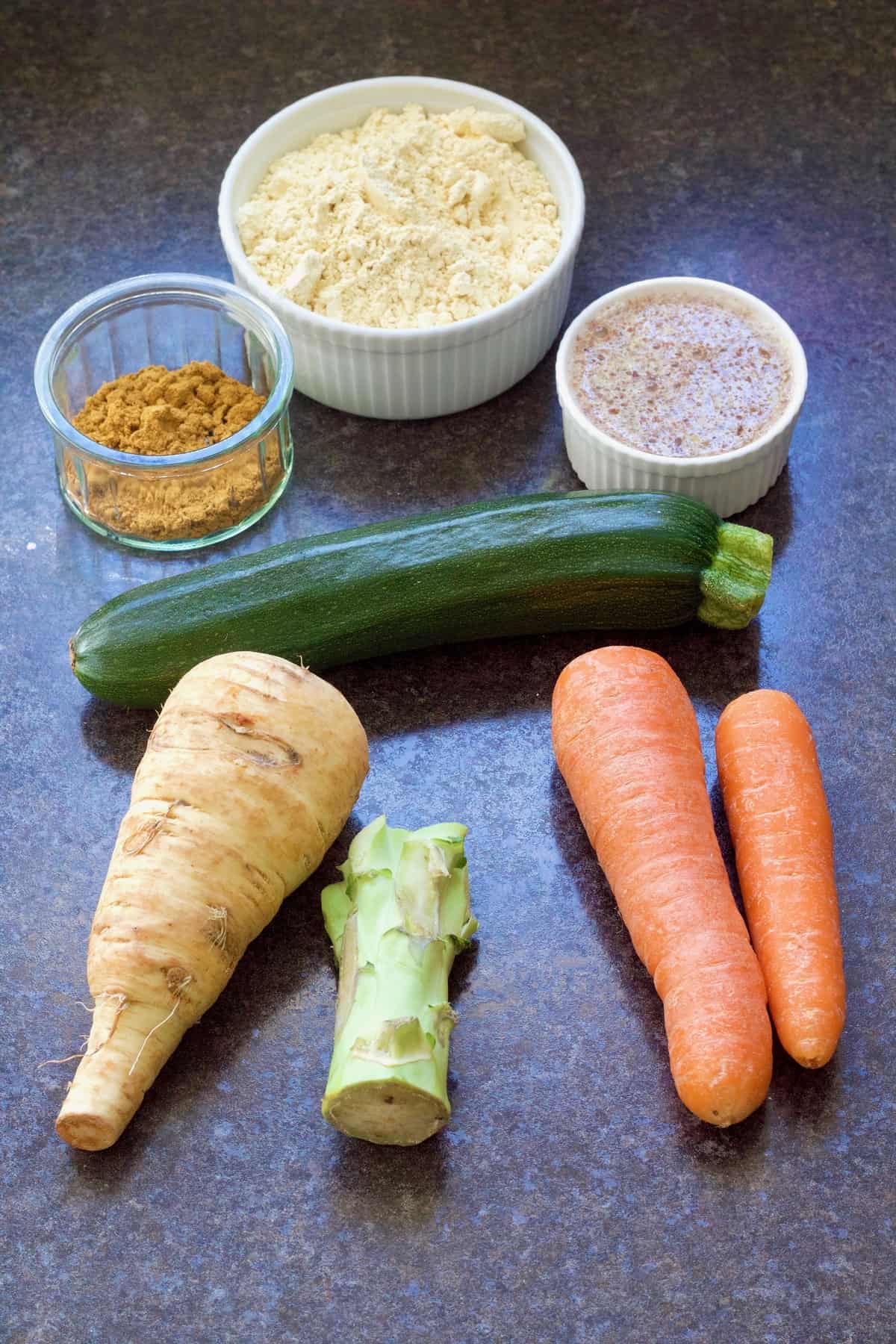 Vegetables, flour, spices and flax egg.