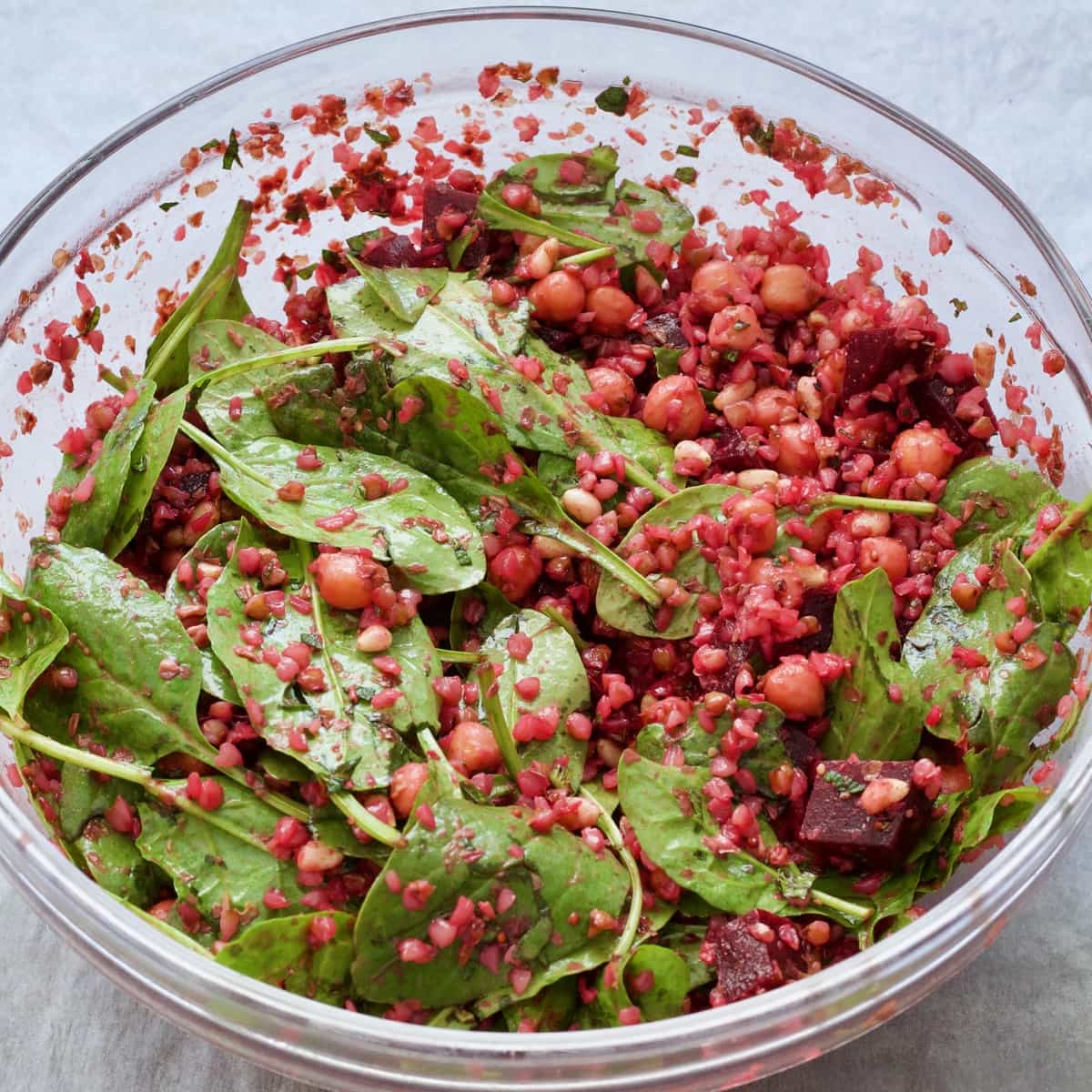 Buckwheat & Beetroot Salad ready in a bowl, close up.